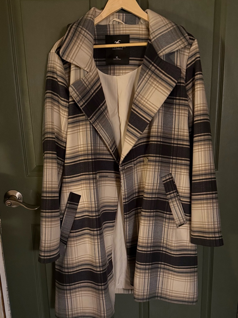 Hollister Plaid Pea Coat in Cream & Navy